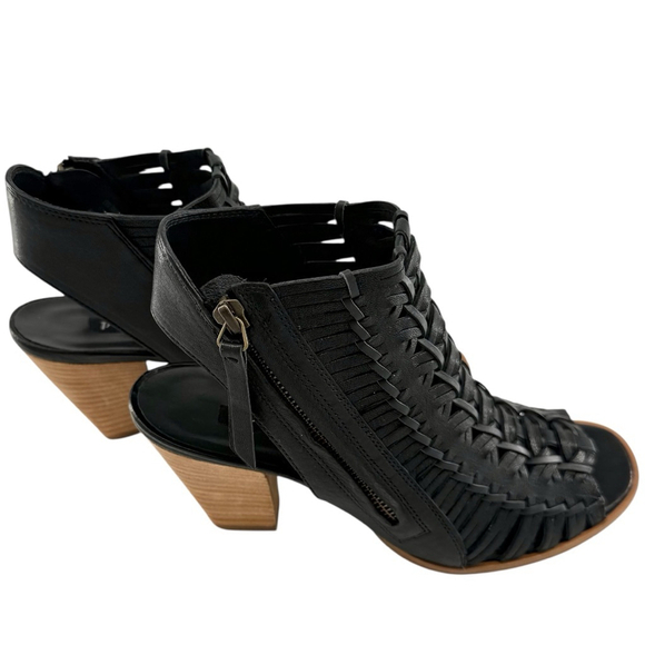 Paul Green Black Leather Woven Peep Toe Slingback Heels Size US 7.5 and EU 5 - Picture 4 of 11